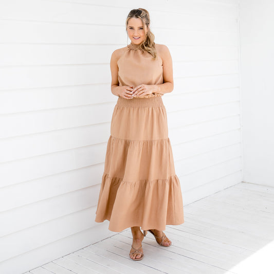 Audrey - Brown High Collar Linen Long Dress